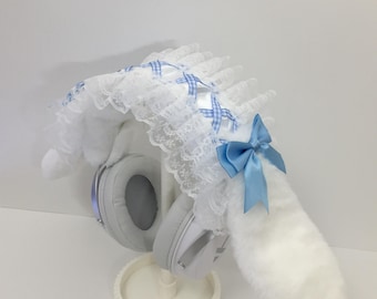 Kawaii blå kaninöron hörlursfodral, söt plysch headsetfodral för Airpods max Sony HyperX, söt spelpresent, hörlursdekoration