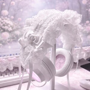 White Bow Headphone Headband Cover,Cute Headphone Cover,Kawaii Headset Protector,For AirPods Max,Sony XM6,gamer gift,womens gaming headphone image 2