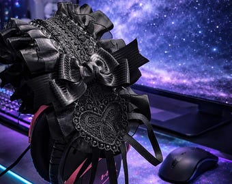 Handgjort svart spetshörlursfodral, Coquette Bow Gamer Headset-fodral för AirPods Max Sony Hyper X, hörlurstillbehör, söt gamerpresent