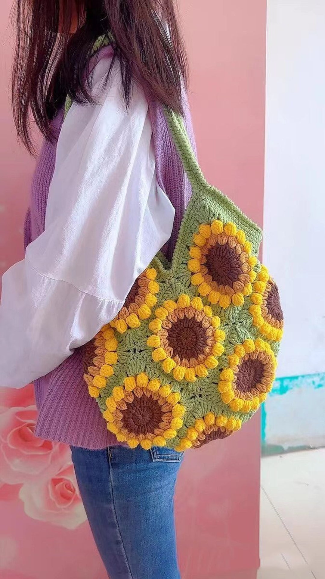 Sunflower Crochet Bag Sunflower Granny Square Tote Bag Etsy