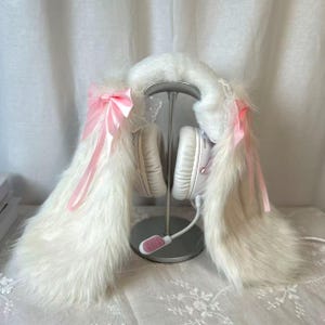 Kawaii Kopfhörerüberzug mit weißen Hasenohren aus Plüsch, niedlicher Ohr-Headset-Überzug für AirPods Max, Sony Hyper X, süßes Geschenk für Gamer-Mädchen, Kopfhörer-Deko