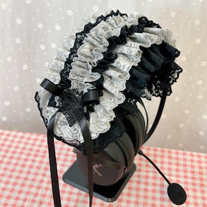 Funda para auriculares de encaje negro y gris, protector de diadema de felpa, linda decoración de escritorio, configuración de juegos femenina, estética cutecore, regalo para gamers, configuración femenina
