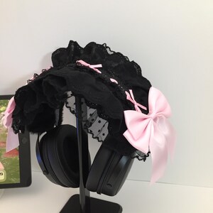 Funda para auriculares de encaje negro, protector de diadema de felpa kawaii, linda decoración de escritorio, configuración de juegos femenina, estética cutecore, regalo para gamers, configuración femenina