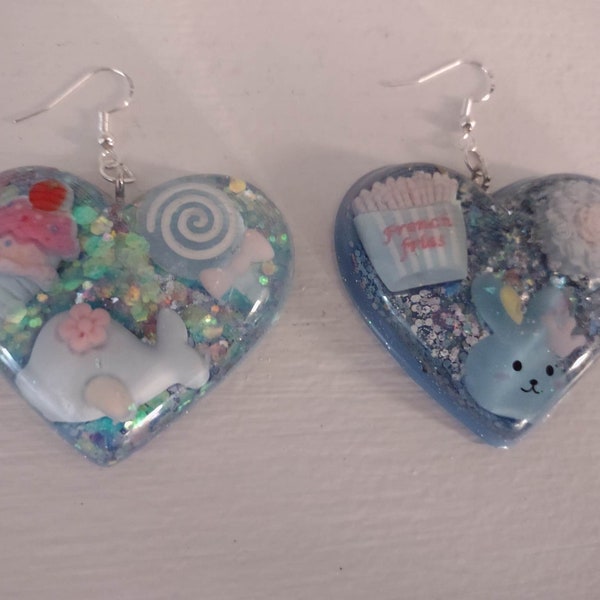 Cute Kawaii Decora Kei Charm Blue Heart Drop Earrings