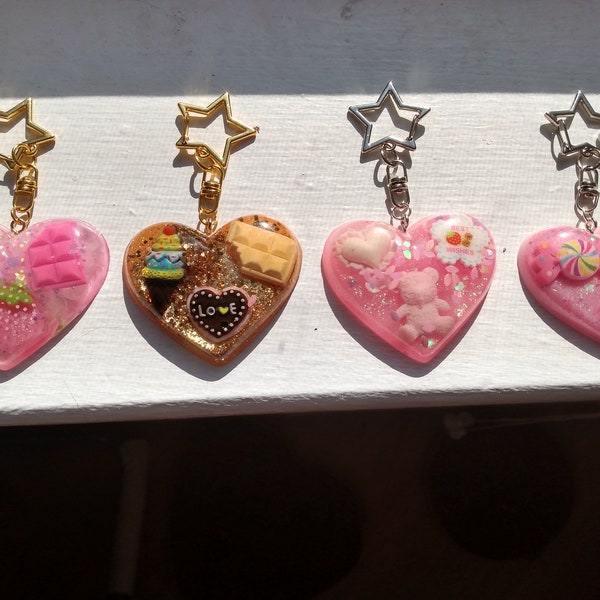 Cute Handmade Kawaii Heart Shape Resin Keychains With Charms