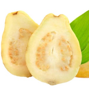 May include: Two halves of a guava fruit, showcasing the pale yellow flesh and speckled seeds. Bright green leaves are visible, adding a contrast to the fruit's color. The image is set against a clean white background.