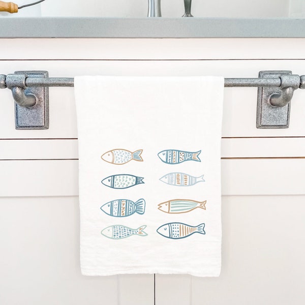 Hand Drawn Fish - Cotton Tea Towel, Flour Sack Towel, Beach House Decor, Lake House Decor, 27" x 27"