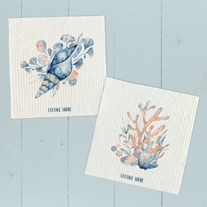 Watercolor Coral, Tulip Shell 2 pk - Swedish Dish Cloth, Kitchen Dish Cloth, Coastal Kitchen decor, Reusable Dish Cloth, 6.75&quot; x 7.5&quot;
