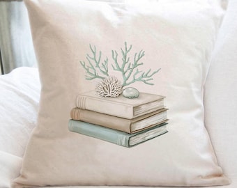Coastal Book Stack Pillow: Rustic Beach Decor (18x18 Cotton Cover)