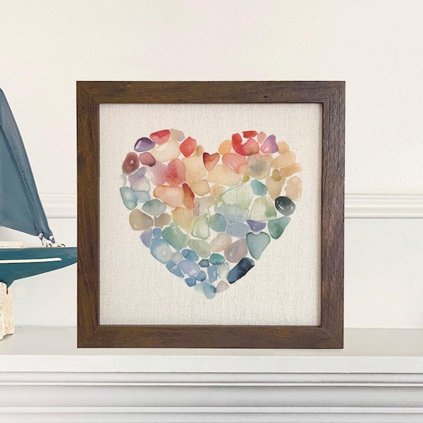 Sea Glass Heart - Valentine's Day Framed Sign, Home Decor, 9" x 9" Wood Frame