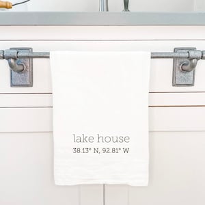 Lake House Coordinates - Custom Cotton Tea Towel, Flour Sack Towel, Beach House Kitchen Decor, Lake House Kitchen Decor, 27&quot; x 27&quot;