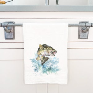 Watercolor Bass - Cotton Tea Towel, Flour Sack Towel, Beach House Decor, Lake House Decor, 27&quot; x 27&quot;