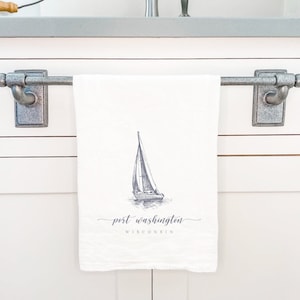 Sailboat w/ City, State - Cotton Tea Towel, Flour Sack Towel, Kitchen Decor, Kitchen towel, Custom City, Beach House Decor, 27&quot; x 27&quot;