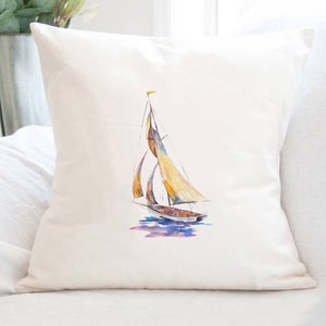 Watercolor Sailboat (Orange) - Square Canvas Pillow, Beach House Decor, Lake House Decor, Throw Pillow, Decorative Pillow, 18" x 18"