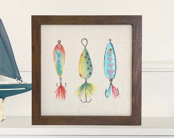 Watercolor Bait - Framed Sign, Beach House Decor, Lake House Decor, 9" x 9" Wood Frame