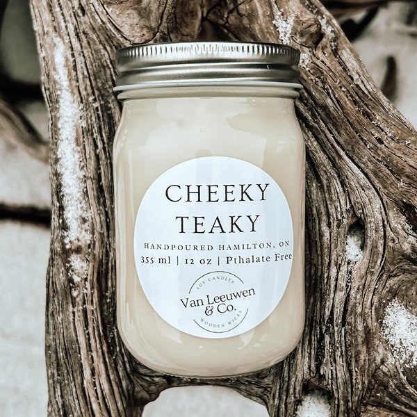 Cheeky Teaky - 12oz - Wooden Wick - Soy Candle - Farmhouse Decor - Crackling Wick - Mahogany Teakwood