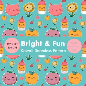 Kawaii Seamless Pattern Digital Download | 12&quot;x12&quot; Cute Fruit & Cat Faces | Bright Colorful Printable Background | Commercial Use l