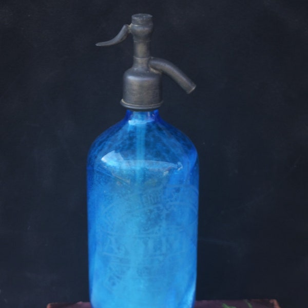 Antique  Blue Glass Mineral Water Soda Siphon Bottle Paris circa 1920