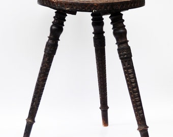 Chip Carved Ebonized Carved Wood  Russian Milking Stool  late 19th century