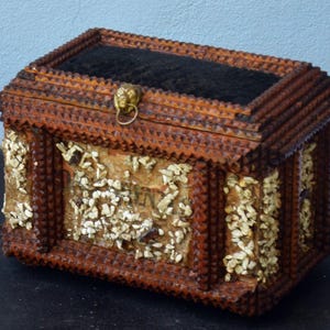 Antique Tramp Art Jewelry or Sewing Box with Pin Cushion Early 20th century