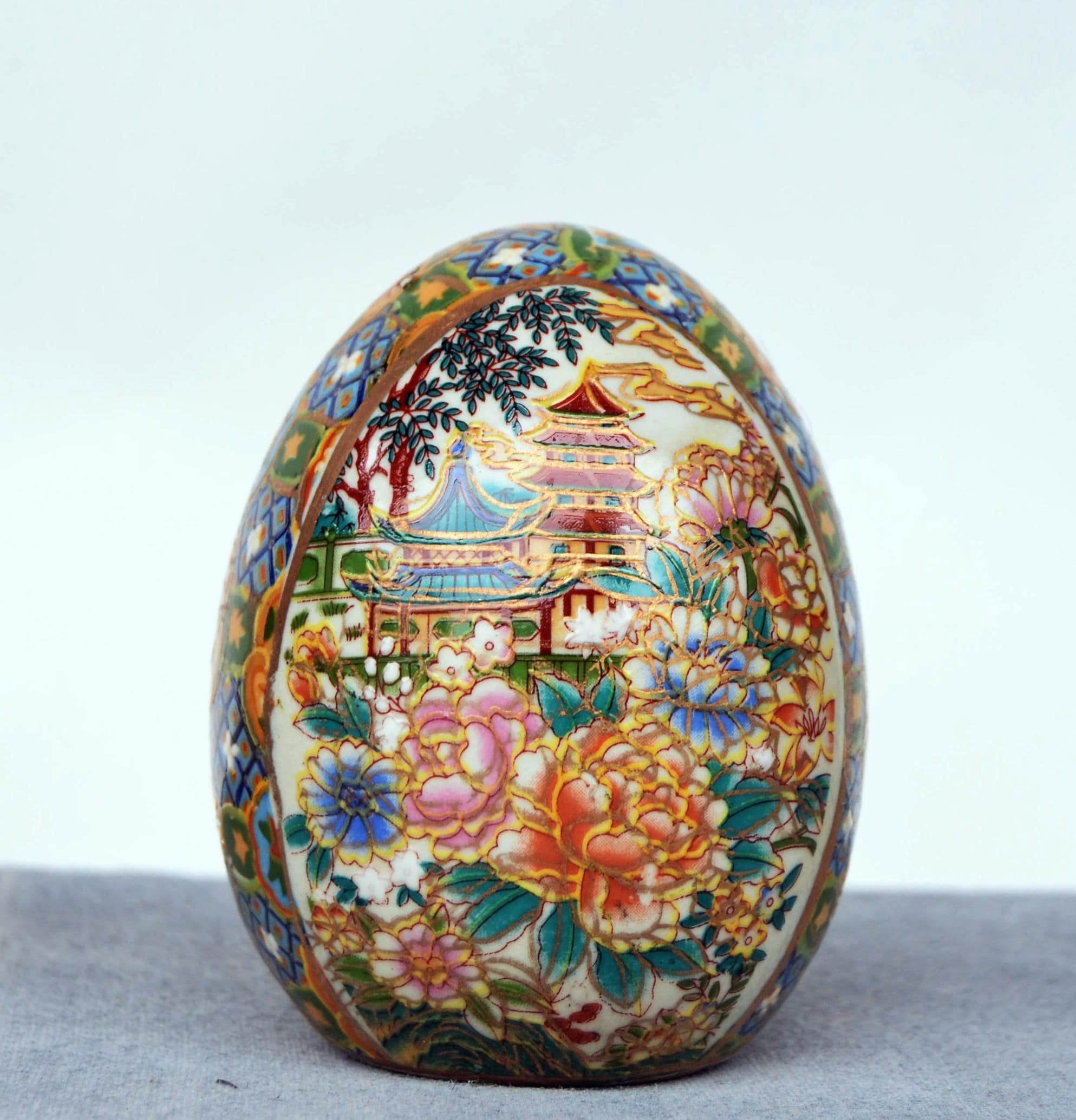 Vintage Porcelain Hand Painted Pagoda Ornament Satsuma Egg Made in