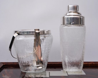 Vintage Mid CenturyMartini Cocktail Shaker Craked Glass and Silver Plated top Bartender Tool