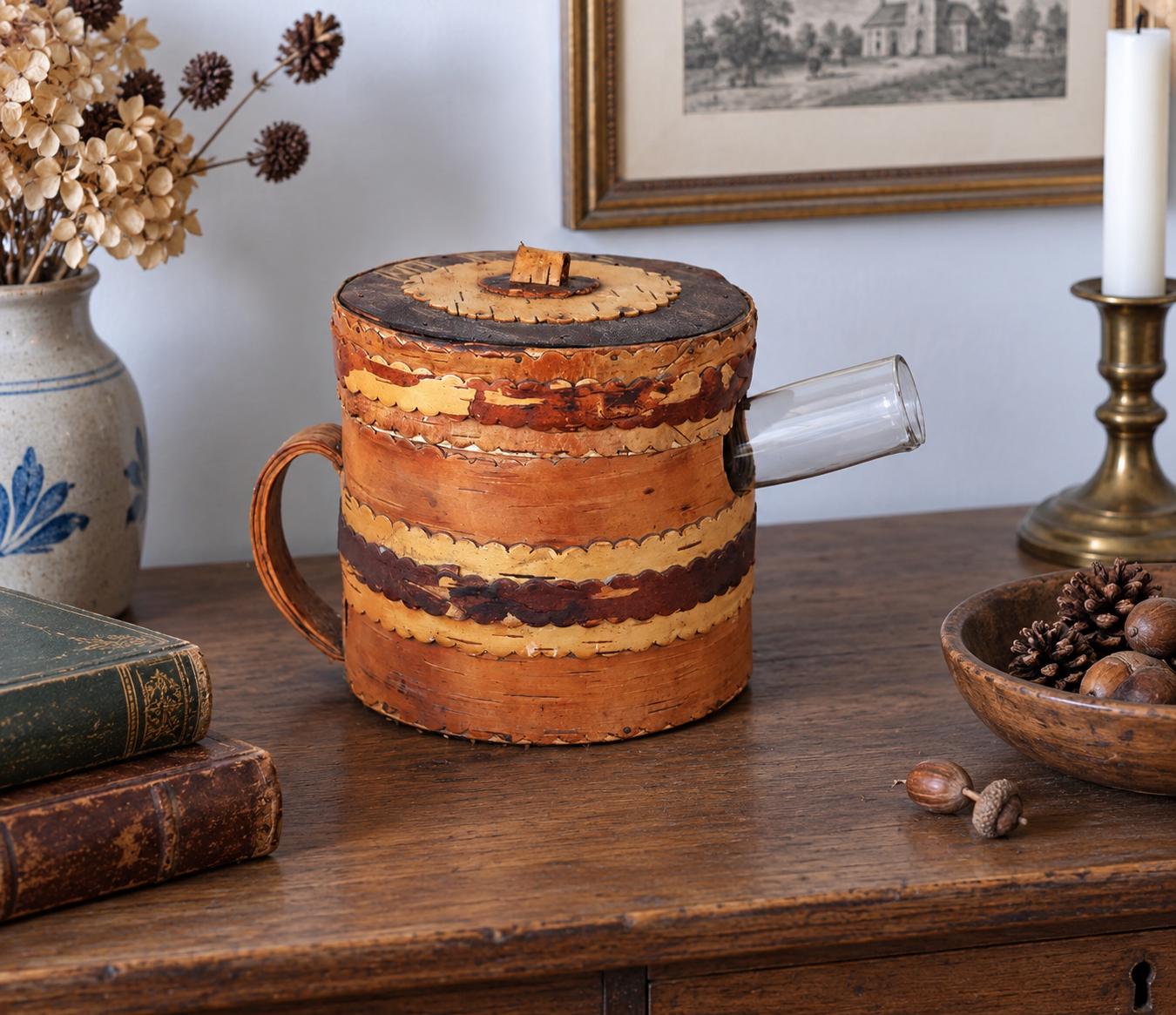 Handmade Lapped Birch Bark Pitcher: Swedish Wooden Container, Tramp Art Style