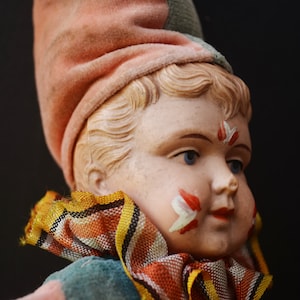 Vintage German celluloid Head doll Squeeze Harlequin Boy 1930