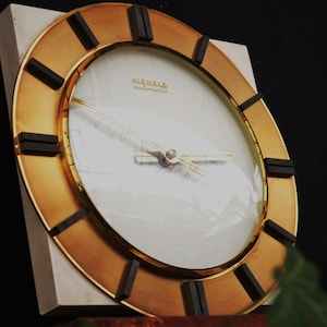 Mid Century Brass On White Wood Wall Clock By Kienzle Germany