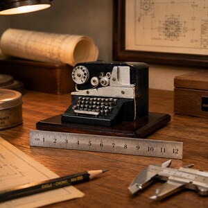 May include: A miniature black typewriter model with silver keys and a circular dial, mounted on a dark wooden base. A metal ruler placed in front shows the base is approximately 12 centimetres wide. The object is surrounded by drafting tools.