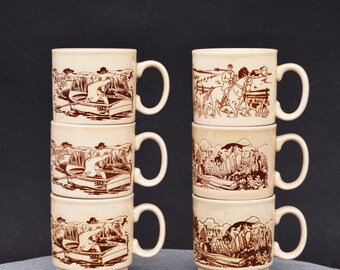 Lot of 6 Mug Klin Craft Staffordshire England Field Hunters Fisherman Country Side Life