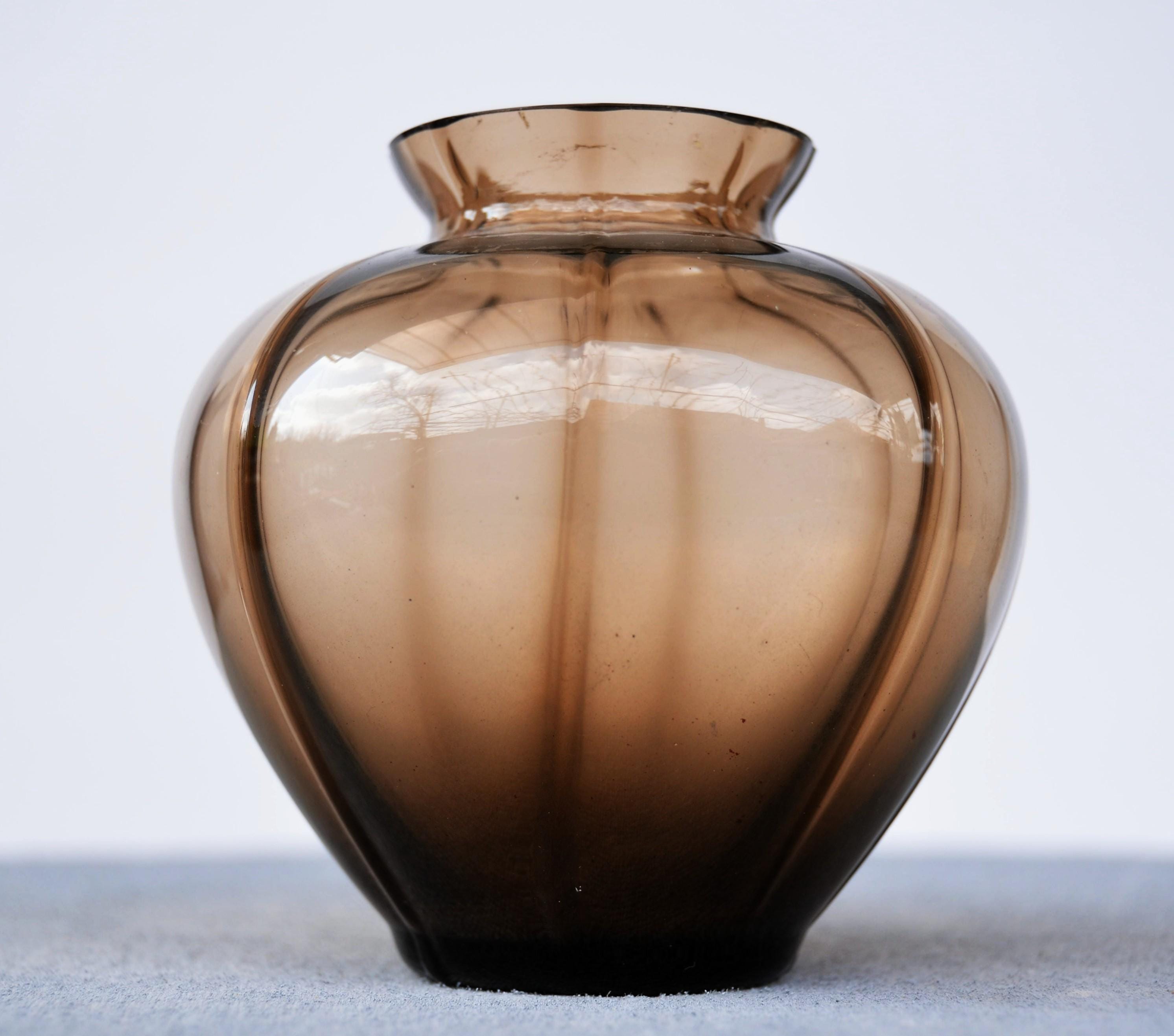 Belgium Smoked Glass Vase Art Deco 1930s Round Fluted Glass