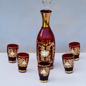Hand painted ruby red and gold venetian murano decanter set - Etsy
