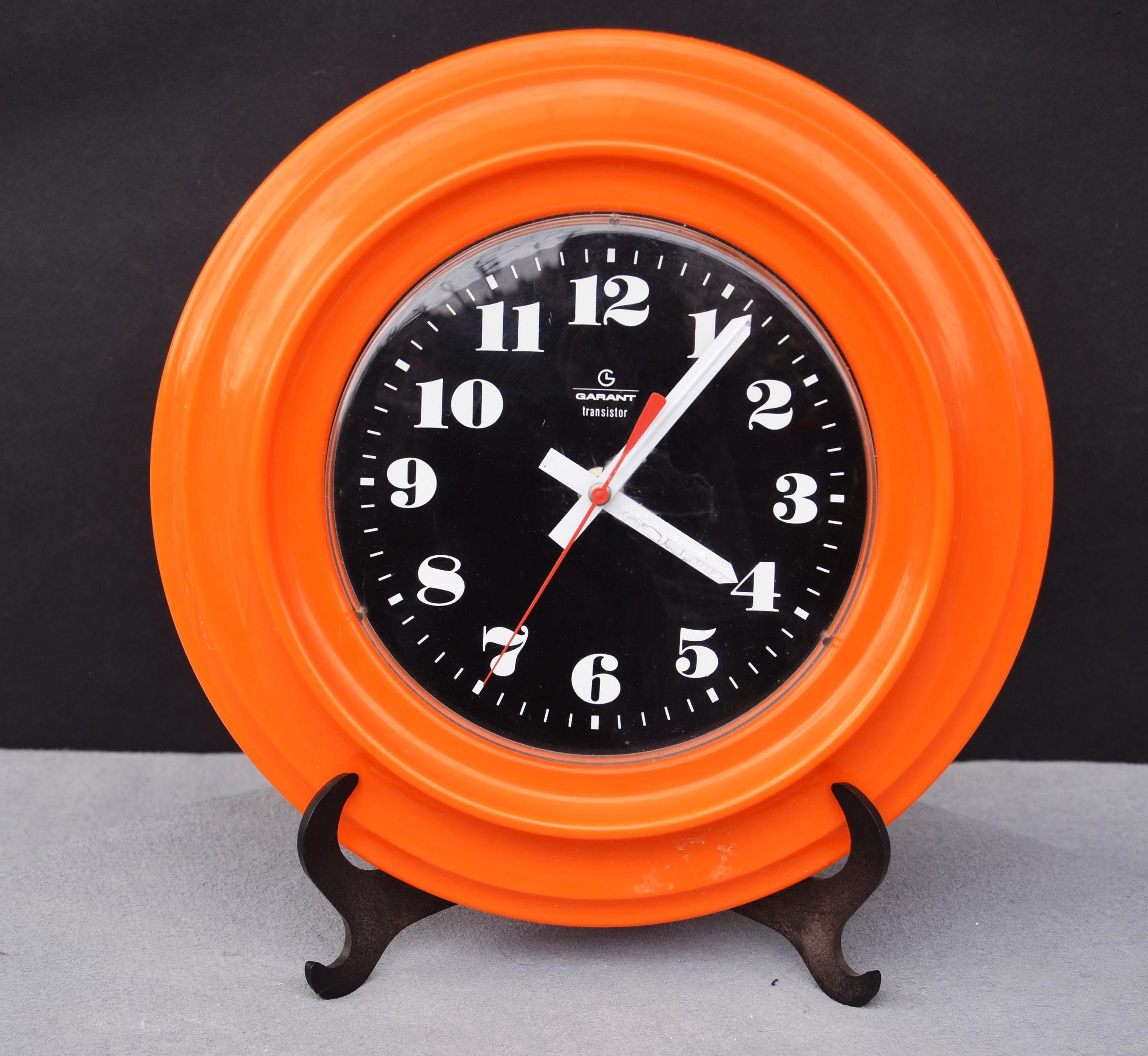 Mid Century Orange and Black Atomic Era Kitchen Wall Clock by