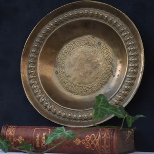 Mid Century Center Table Brass Bowl Signed Repousse With Raised Relief