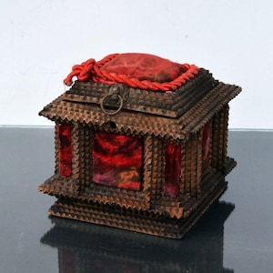 Antique Tramp Art Jewlery or Sewing Box with Pin Cushion 19th century