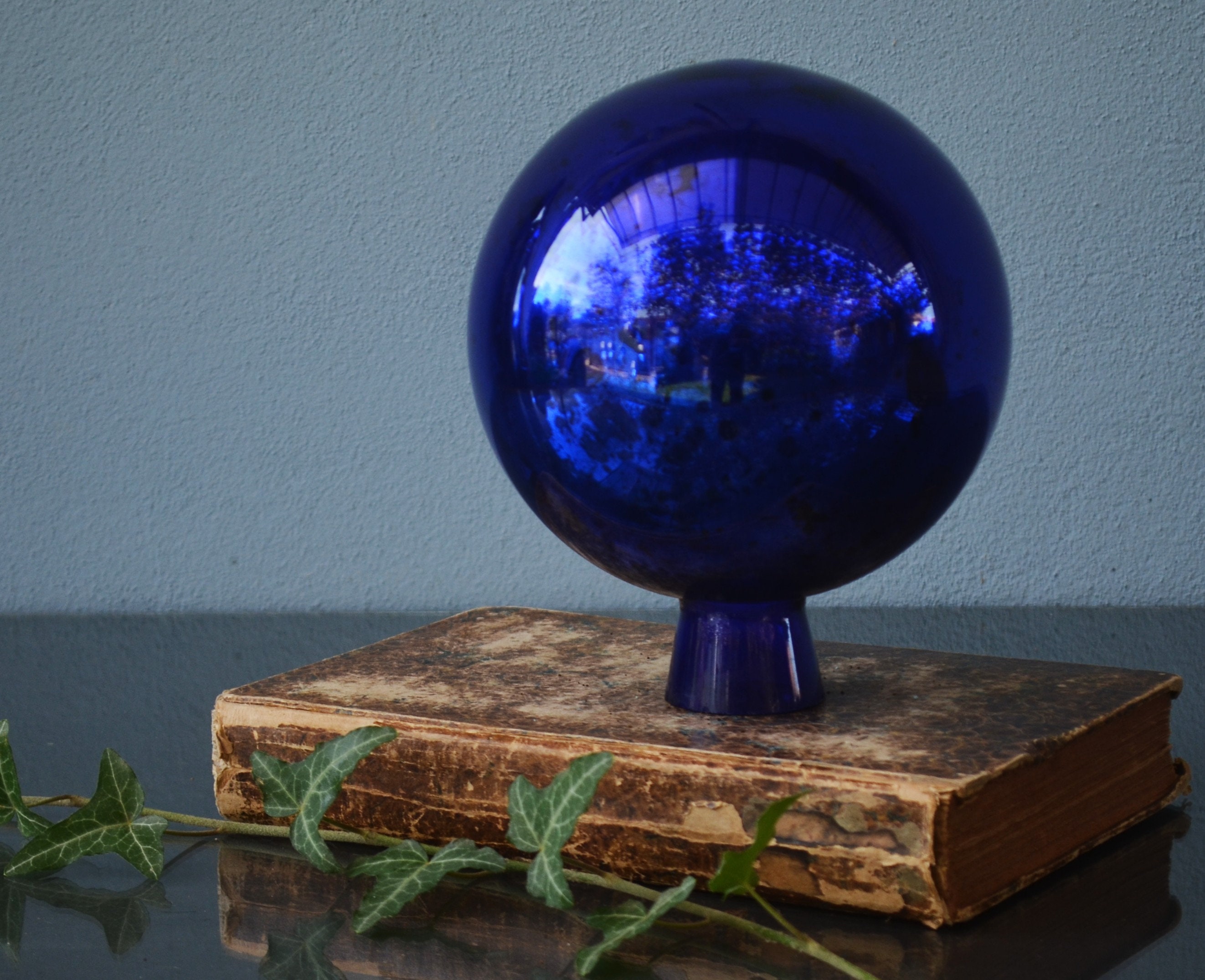 Oversize Blue Mercury Glass Christmas Ornament Kugel Globe or Gazing Globe 9"