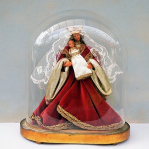 Antique French Holy Mary With Child Jesus in Wax with Glass Dome