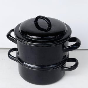 Antigua olla alemana de esmalte para baño maría: olla negra, siglo XIX