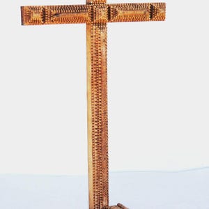 19th C. German Standing Crucifix Made of Tramp Art Chipped Wood