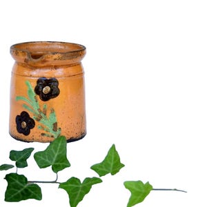 Puede incluir: Una pequeña jarra de cerámica naranja con un diseño floral. La jarra tiene flores negras y hojas verdes pintadas en el lateral. La jarra está sobre una superficie blanca con hojas de hiedra verdes esparcidas alrededor.