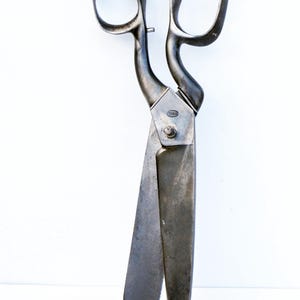 Pode incluir: Tesoura de metal antiga com grandes alças em laço e lâminas longas. A tesoura tem uma aparência escura e envelhecida, sugerindo que é vintage. As lâminas estão abertas e o design geral é funcional e robusto.