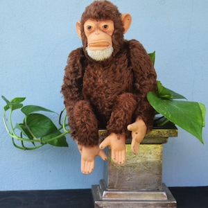 Steiff speelgoed uit het midden van de eeuw Mohair aap zittende chimpansee Jocko knuffeltje