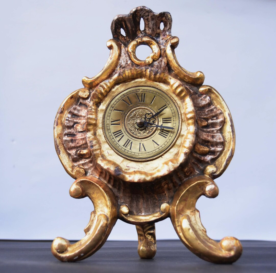 Eclectic German Carved Wood Table Clock Gilded With 22 Kt Gold and ...