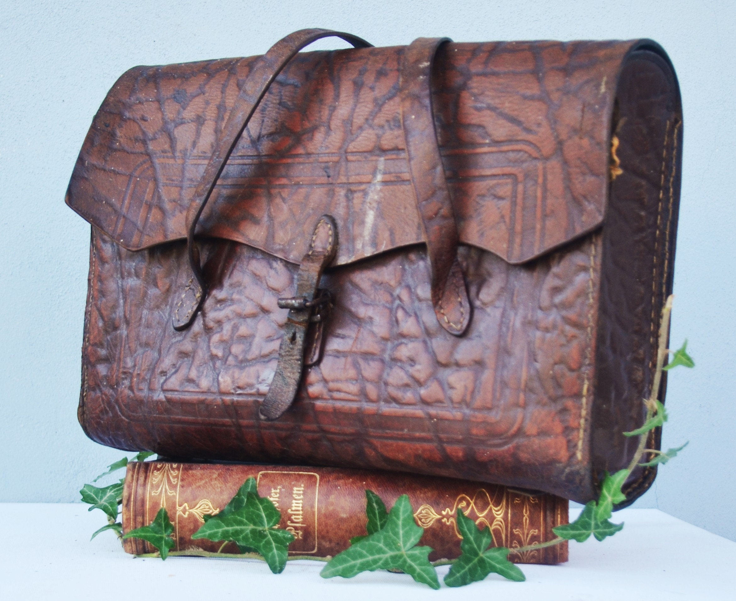 Old Leather Backpack School Bag Brown Satchel Early 20th Century Laptop Bag