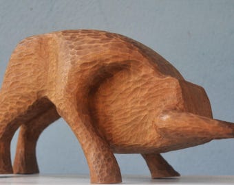 Art Deco Blue Sculpture Buffalo / Bison / Bull Carved Wood Figurine Blackforest Swiss