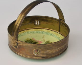 Secession Brass Basket with Majolica Plate Grapes with Grapes Motif