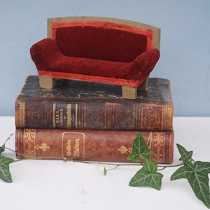 Antique Hand Made Miniature Dollhouse Furniture Sofa with Red Velvet