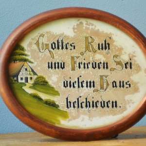 Antique German Oval Frame Prayer Written On Glass Painting Wall Decor Glass