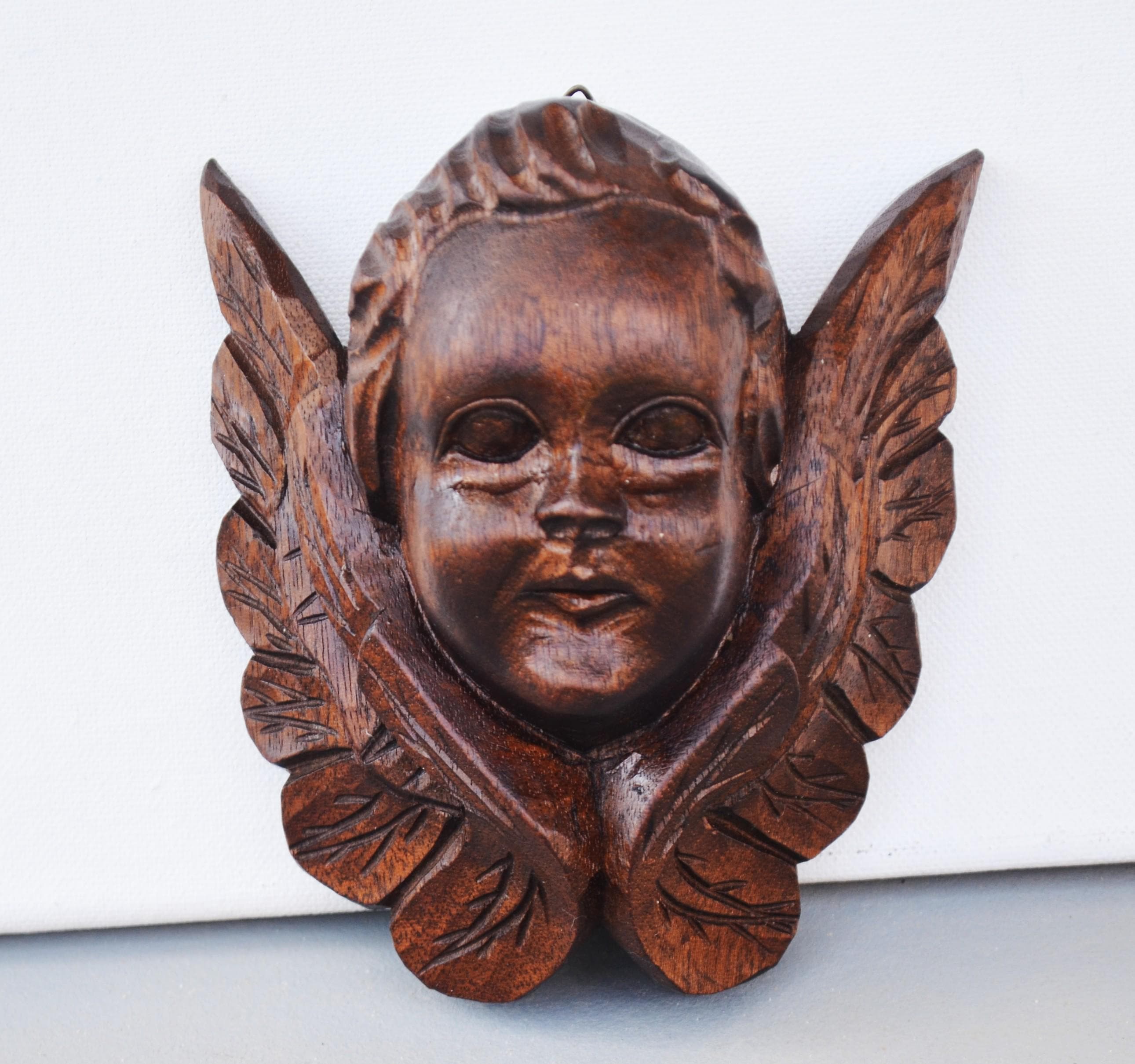 Antique Italian Angel Putti Winged Cherub Head in Hard Wood
